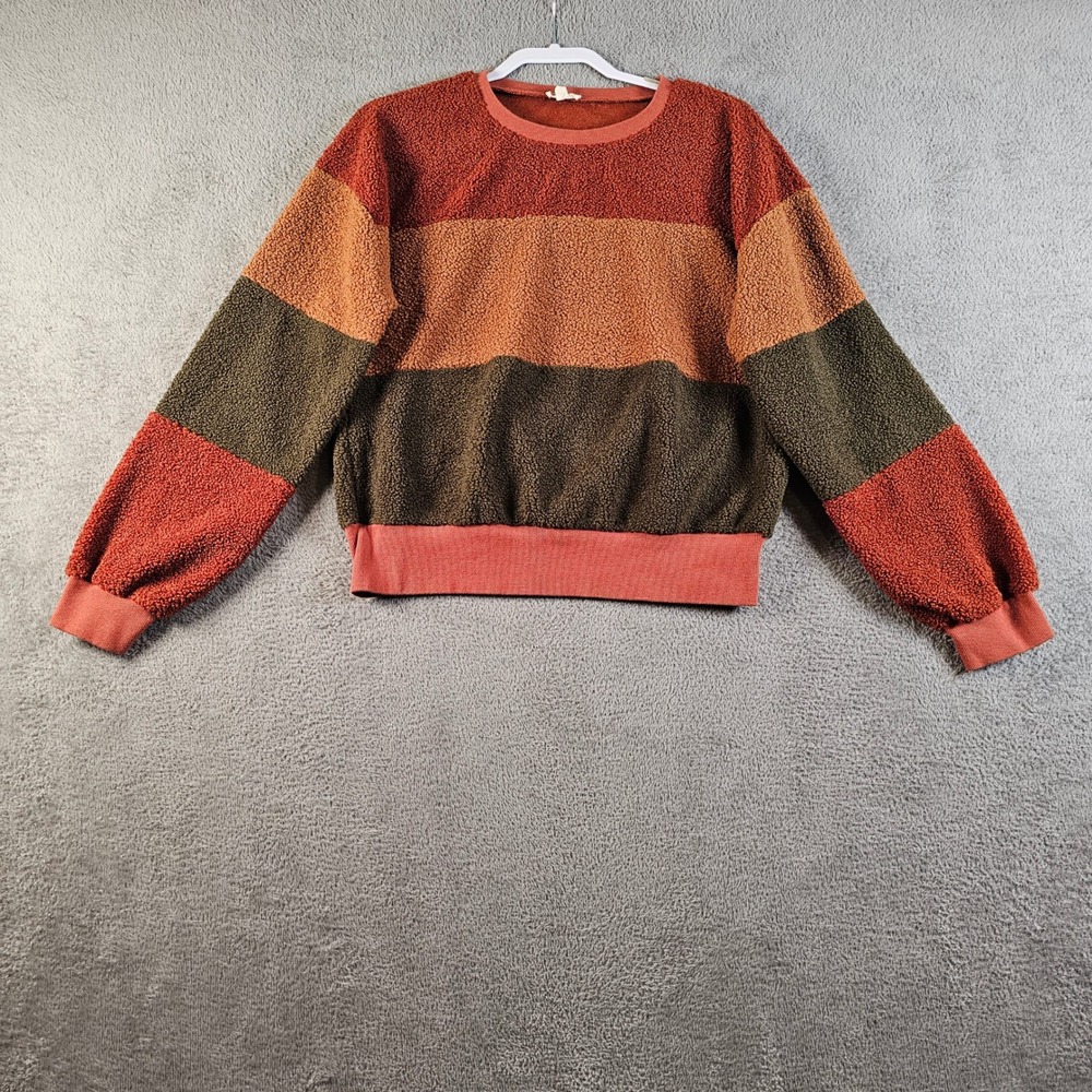 Hem & Thread Womens Sherpa Fleece‎ Striped Sweatshirt Rust Olive Multi Medium